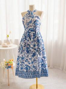 Soleia Vestido largo de talla grande con abertura extendida en azul y blanco para vacaciones informales WYWH - Azul y blanco - Ver 3