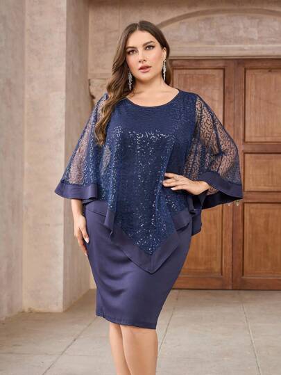 Plus Contrast Sequin Mesh Cloak Sleeve Mother Of The Bride Dress