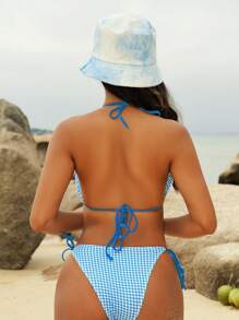 Swim Mod Women's Summer Beach Gingham Halter Neck Tie  Bikini Set, Random Print - Blue and White - View 4
