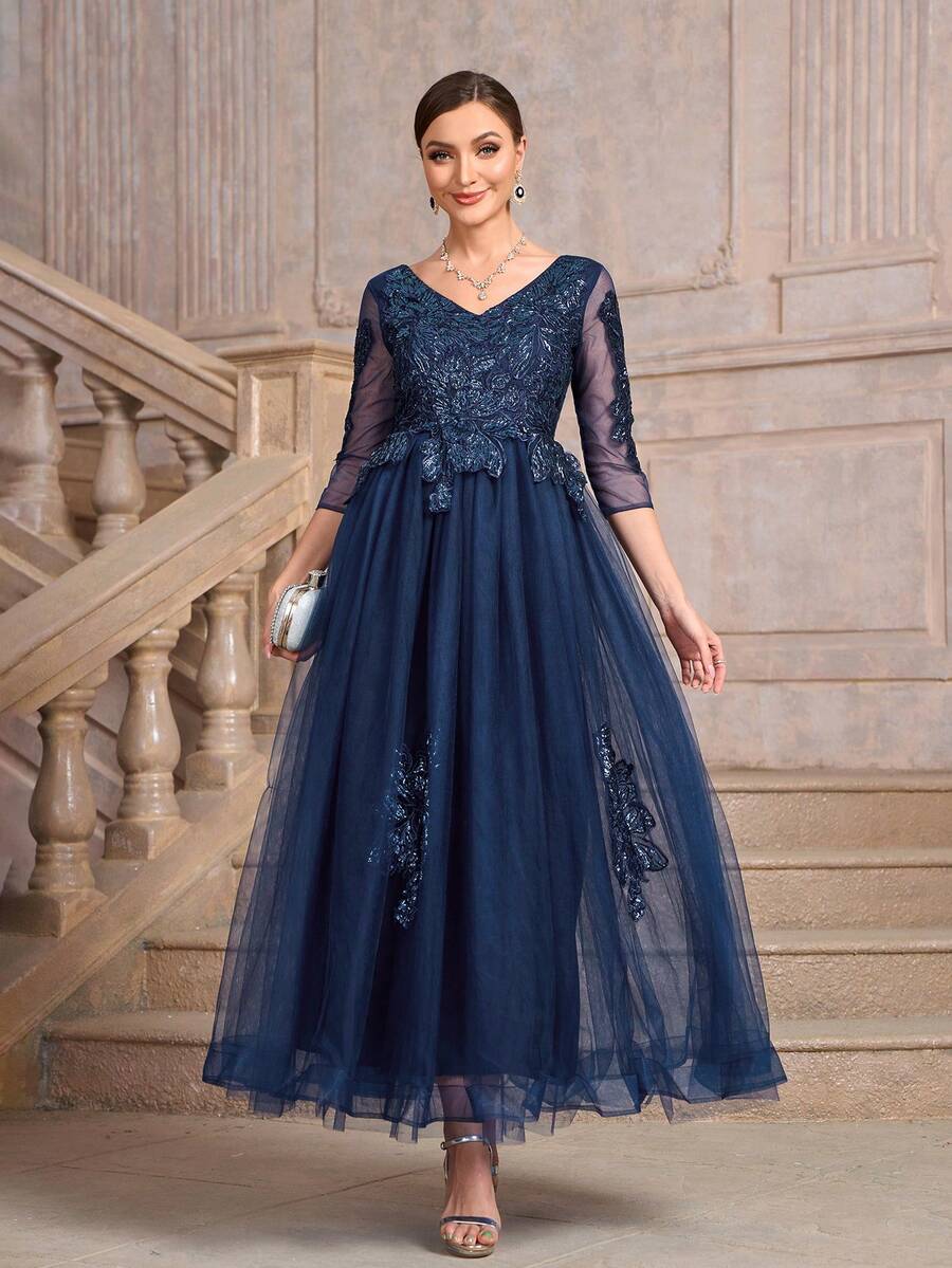 Mother Of The Bride V-Neck Elegant Tulle Dress - Blue - View 1