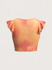 Sweetina Tie Dye Ruffle Trim Cut Out Front Crop Orange Top
