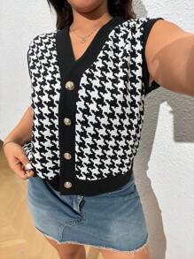 SHEIN EZwear Plus Size Retro czarno-biała kurtka bez rękawów w pepitkę na wczesną jesień
