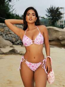 女士夏季海灘印花頸後比基尼套裝，隨機顏色 - 淡紫色 - 查看 2