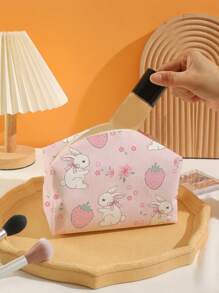 ROMWE Kawaii Cute Pink Rabbit & Strawberry Pattern Octagonal Velvet Makeup Bag - Pink - View 4