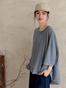 FRIFUL Áo thun ngắn tay sọc ngang cổ tròn trễ vai dành cho nữ, Xuân/Hè - Màu xanh lam - Xem 7