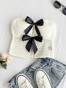 Soleia Vacation Style Strapless Woolen Top With Bowknot Decoration