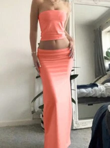 INAWLY Váy ống suông & xẻ đùi hàng ngày dành cho nữ - Màu Cam san hô - Xem 4