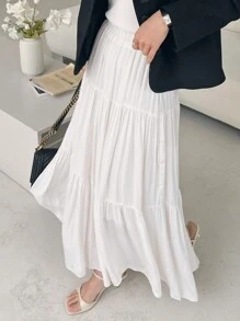 DAZY 女士纯色弹力腰多层荷叶边下摆优雅白色半身裙，适合度假夏季穿着 - 白色 - 查看 5