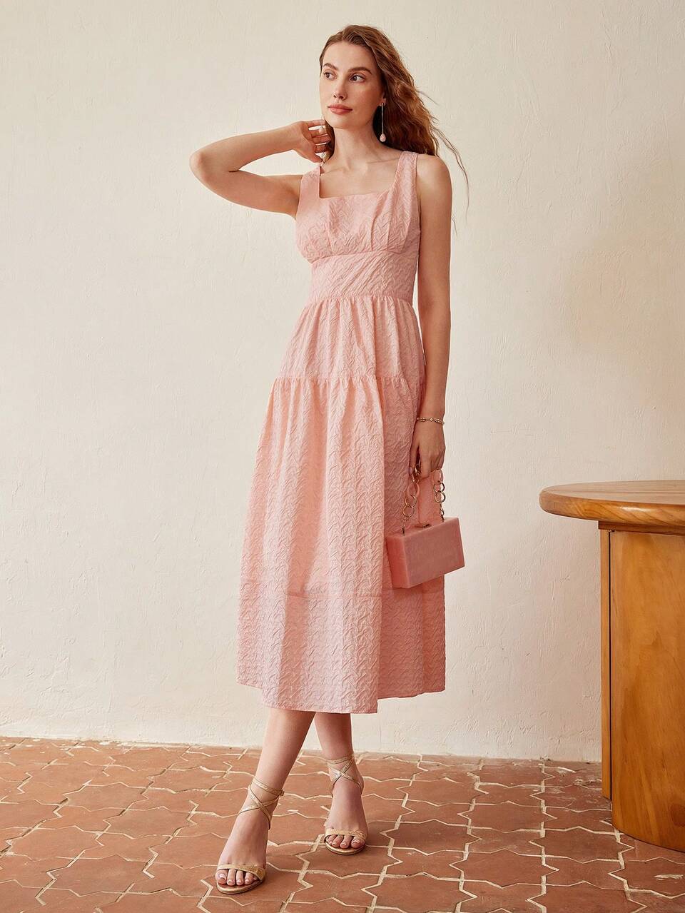 MOTF SOLID TEXTURED SQUARE NECK FLARE HEM DRESS