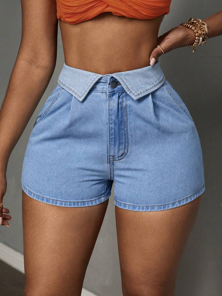 Slaydiva Ladies' Loose Fit Casual Denim Shorts With Waist Fold And Pleats - Light Wash - View 1