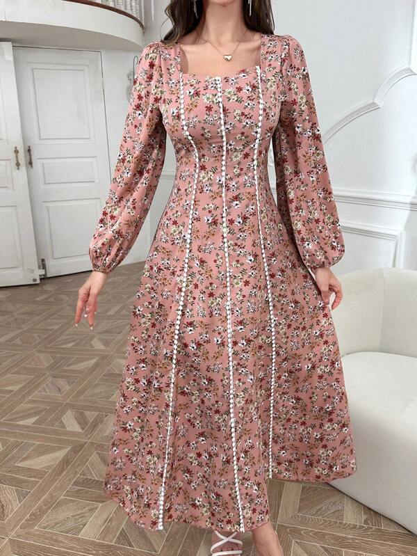 Mulvari Robe modeste à manches longues de type lanterne, col carré, avec imprimé floral