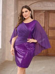 Plus Size Women Asymmetric Neck Cape Sleeve Ruched Sequin Embellished Fitted Short Formal Dress