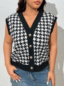 SHEIN EZwear Plus Size Retro czarno-biała kurtka bez rękawów w pepitkę na wczesną jesień