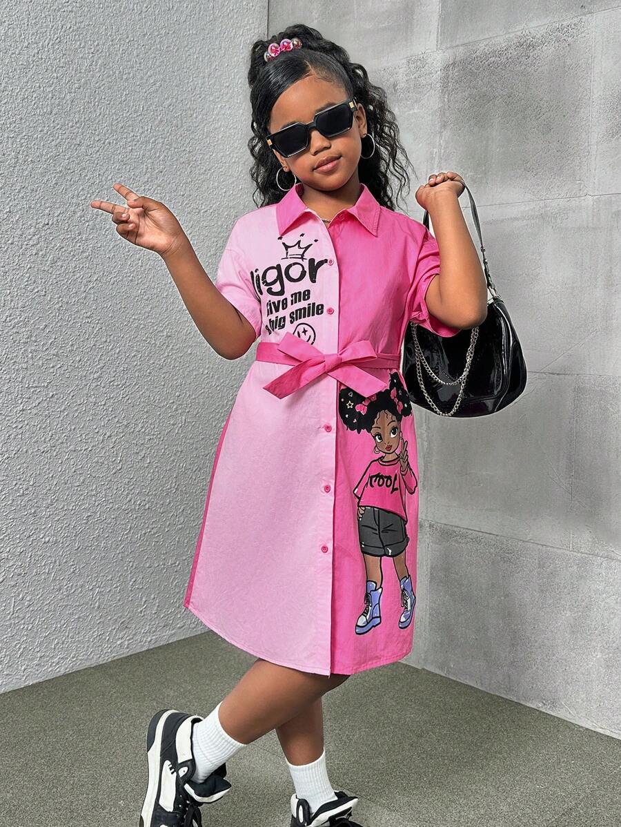 SHEIN Leap Crew Tween Girl Loose Casual cổ bẻ hai tông màu Áo sơ mi in hình hợp thời trang - Màu Hồng Tươi - Xem 1