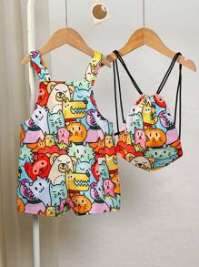 SHEIN Conjunto de 2 piezas de pelele con estampado de animales de dibujos animados y mochila para bebé niño - Amarillo - Ver 2