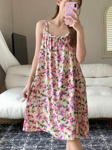 DAZY Floral Allover Print Spaghetti Straps Sleep Dress Pajama - Apricot - View 3