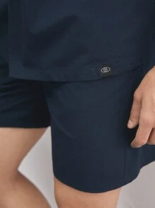 AKNOTIC Business Casual 純棉男士實色編織領短袖襯衫，夏季出行的完美選擇 - 藏蓝色 - 查看 3