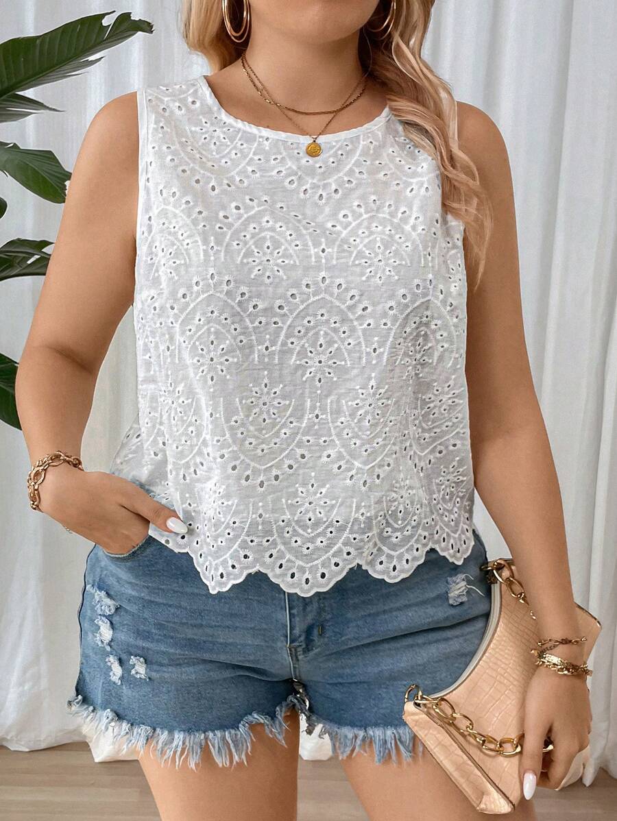 Calvaya Plus Size Round Neck Hollow Out Embroidered Solid Color Sleeveless Shirt For Summer - White - View 1