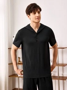 Men's Summer Solid Color Short Sleeve Hooded Homewear Top - Black - View 6