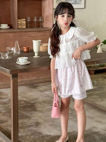 SHEIN Girls Chiffon Ditsy Floral Casual Shorts, Comfortable And Elegant For Daily Wear, Summer
