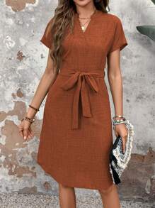 EMERY ROSE 女士A字腰帶連身裙，休閒夏季裙 - 棕色 - 查看 5