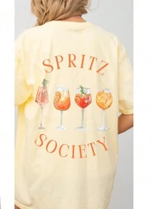 INAWLY Camiseta holgada con gráfico de cóctel y letras, camisetas gráficas para mujer - Amarillo - Ver 2