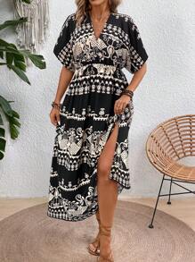 SHEIN LUNE 女士夏季復古印花蝙蝠袖高腰休閒連衣裙，側割裙擺