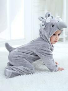 SHEIN 可爱拼色灰色和白色连帽连脚连体衣，带有 3D 龙图案，适合男婴，温暖柔软的秋冬季连体衣