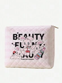 ROMWE Kawaii 可愛粉色兔子和字母印花雙面格紋化妝包 - 彩色 - 查看 1