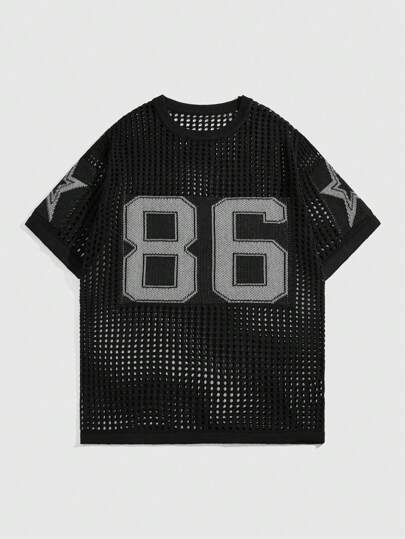 Street Life Men's Number Pattern Short Sleeve Knit Top With Hollow-Out Design, School, Football Style