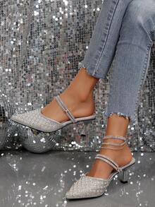 New Stylish Rhinestone & Faux Pearl Pointed Toe High Heel Mules, Suitable For Dates, Parties, Commuting And Business Wear, Spring/Autumn,Kitten Heels - Silver - View 2