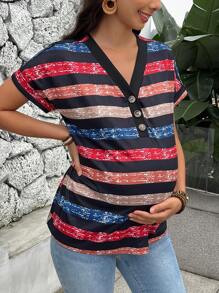 SHEIN Maternity Women's V-Neck Single Button Striped Printed Short Sleeve T-Shirt, Summer