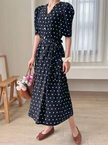 DAZY Polka Dot Puff Sleeve Button Front Dress,Ruffle - Black - View 4