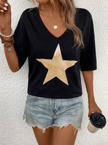 SHEIN LUNE 女式夏季V領短袖T恤，五角星印花 - 黑色 - 查看 6