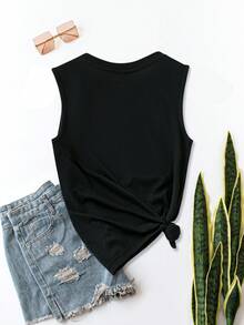 EMERY ROSE Casual Minimalist Black & White Text Graphic Regular Sleeveless Thick Strap Women Tank Top - Black - View 2