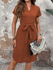 EMERY ROSE 女士A字腰帶連身裙，休閒夏季裙 - 棕色 - 查看 6