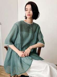 FRIFUL Áo kiểu nữ đơn giản với viền tương phản, xếp ly ở gấu áo, thích hợp cho lễ Phục sinh. - màu xanh lá - Xem 9