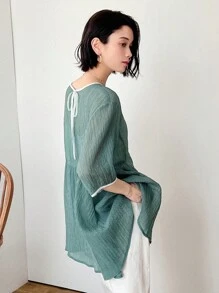 FRIFUL Áo kiểu nữ đơn giản với viền tương phản, xếp ly ở gấu áo, thích hợp cho lễ Phục sinh. - màu xanh lá - Xem 6