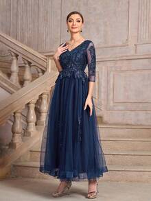 Mother Of The Bride V-Neck Elegant Tulle Dress - Blue - View 5