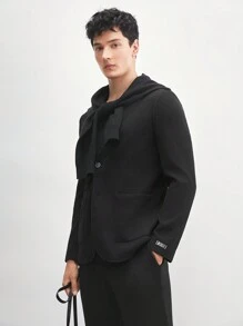 AKNOTIC Men's 2pcs Knitted Business Casual Suit Set, Long Sleeve Shoulderless Padded Coat And Straight-Leg Trousers For Spring/Autumn Office Wear - Black - View 3