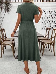 SHEIN LUNE Women's Summer Solid Color Short Sleeve Round Neck Tie Waist Casual Long Dress