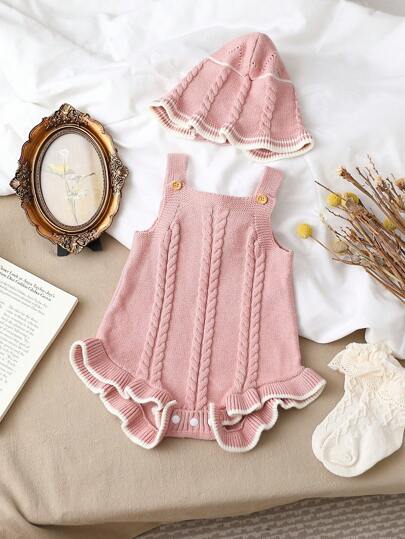 SHEIN Vintaside Kids Baby Girls Ruffle Hem Cable Knit Bodysuit & Hat