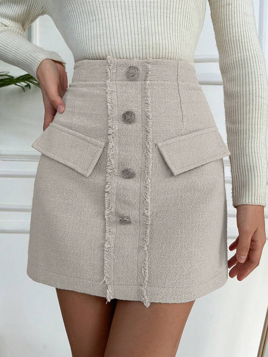 SHEIN PETITE 毛邊緣前紐扣半身裙