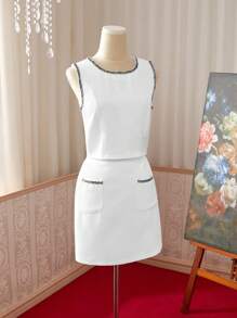 Teens 2Pcs Waffle Knit Crop Top With Fringed Hem & Matching Waffle Knit Skirt, White, Summer Mommy & Me Outfits (2 Pieces Sold Separately) - White - View 6