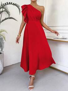 Chiquease Simple One Shoulder Ruffle Trim Dress For New Year Clothes Maxi Women Outfit - Red - View 6