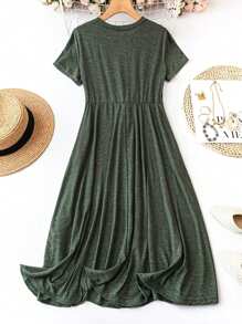 SHEIN LUNE Women's Summer Solid Color Short Sleeve Round Neck Tie Waist Casual Long Dress