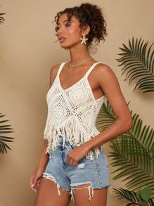 Travachic Fringe Hem Crochet Cover Up - Beige - View 8