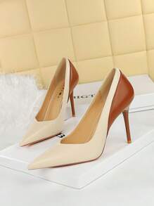 复古风细跟高跟鞋，适合派对穿着，春秋新款超高跟鞋，撞色设计，尖头低帮，优雅女鞋 - 糯米白色 - 查看 3
