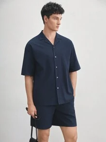 AKNOTIC Business Casual 純棉男士實色編織領短袖襯衫，夏季出行的完美選擇 - 藏蓝色 - 查看 1