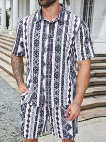 Manfinity Homme Men's Plus Size Geometric Print Short Sleeve Shirt And Shorts Set For Vacations & Leisure